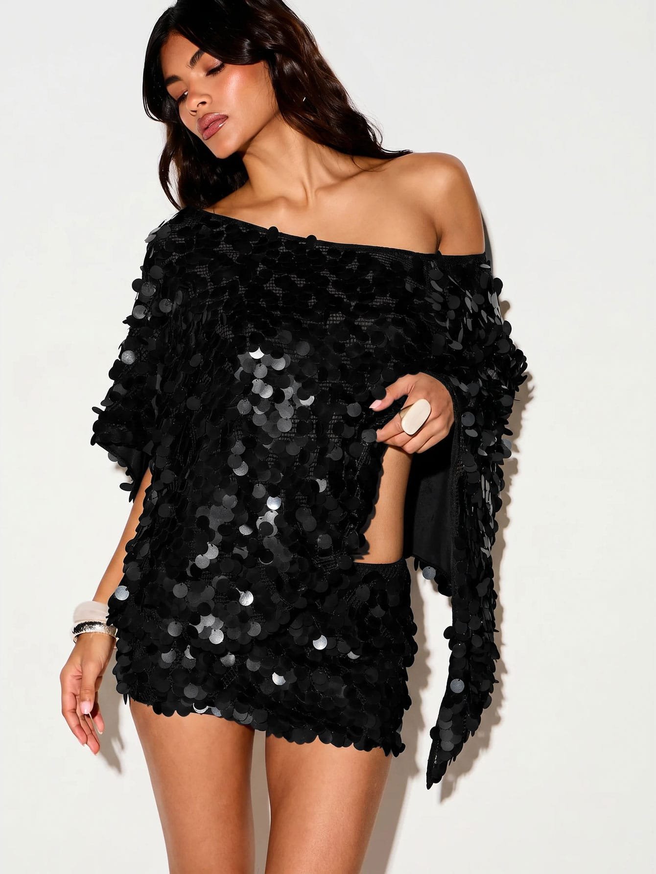 Sequin batwing sleeve mini dress
