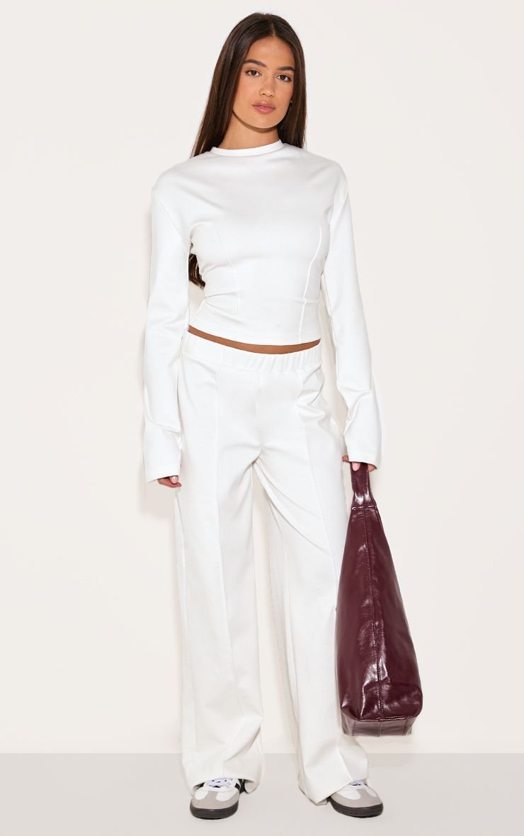 Stretch Pleated Mid Rise Wide Leg Trousers